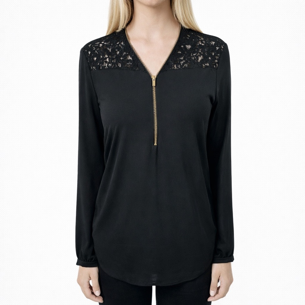 Cache Black Lace Long Sleeve Blouse Gold Zip V- Neck Chic Romantic Size XS